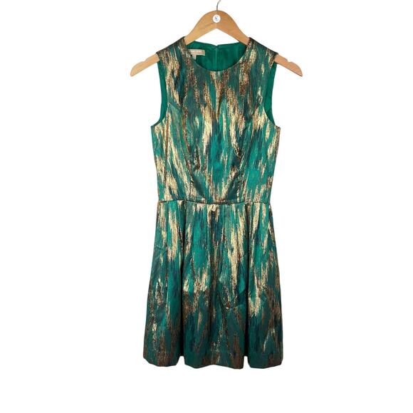 Michael Kors Emerald Green & Metallic Gold Sleeveless Fit & Flare Cocktail Dress - Picture 4 of 11